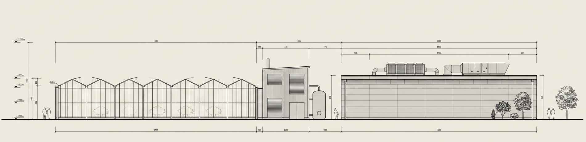 Elevation line drawing of a greenhouse, a plant building, and a data center hall.