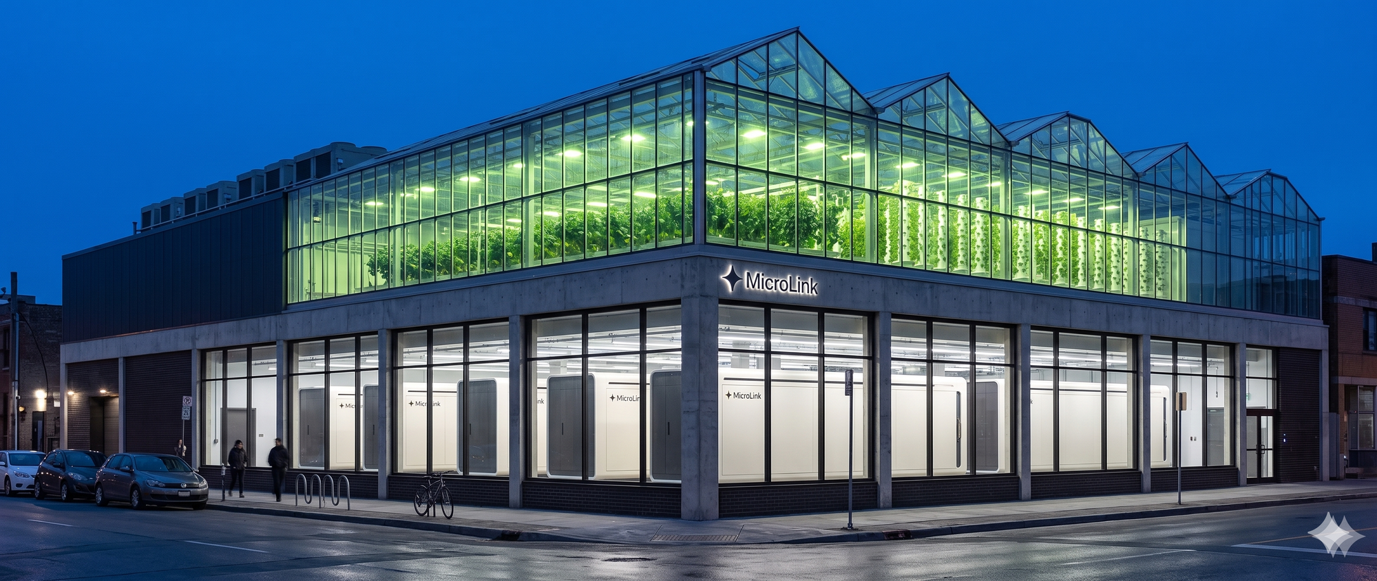A MicroLink data center on a city corner, compute on the ground floor and a glowing greenhouse under glass above