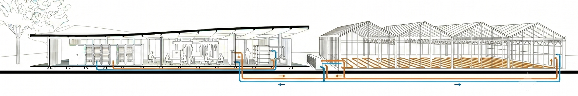 Section drawing of a MicroLink deployment beside a greenhouse, showing the cooling loops and dry cooler reject path