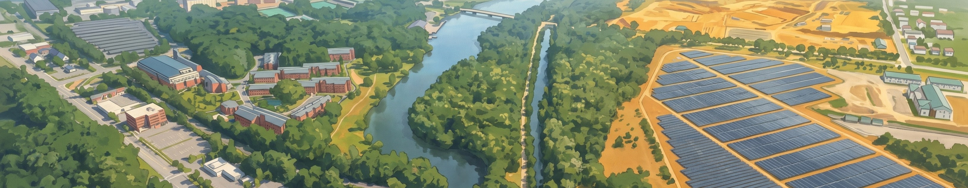 A painted aerial of a river valley with a university campus on one bank and a solar array on the other.