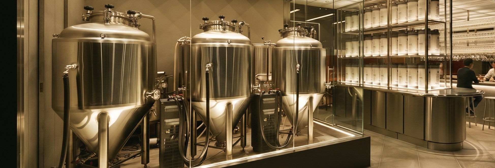 a brewhouse behind glass at night, three stainless fermentation tanks on the left and a lit bar with bottles and seated drinkers on the right.
