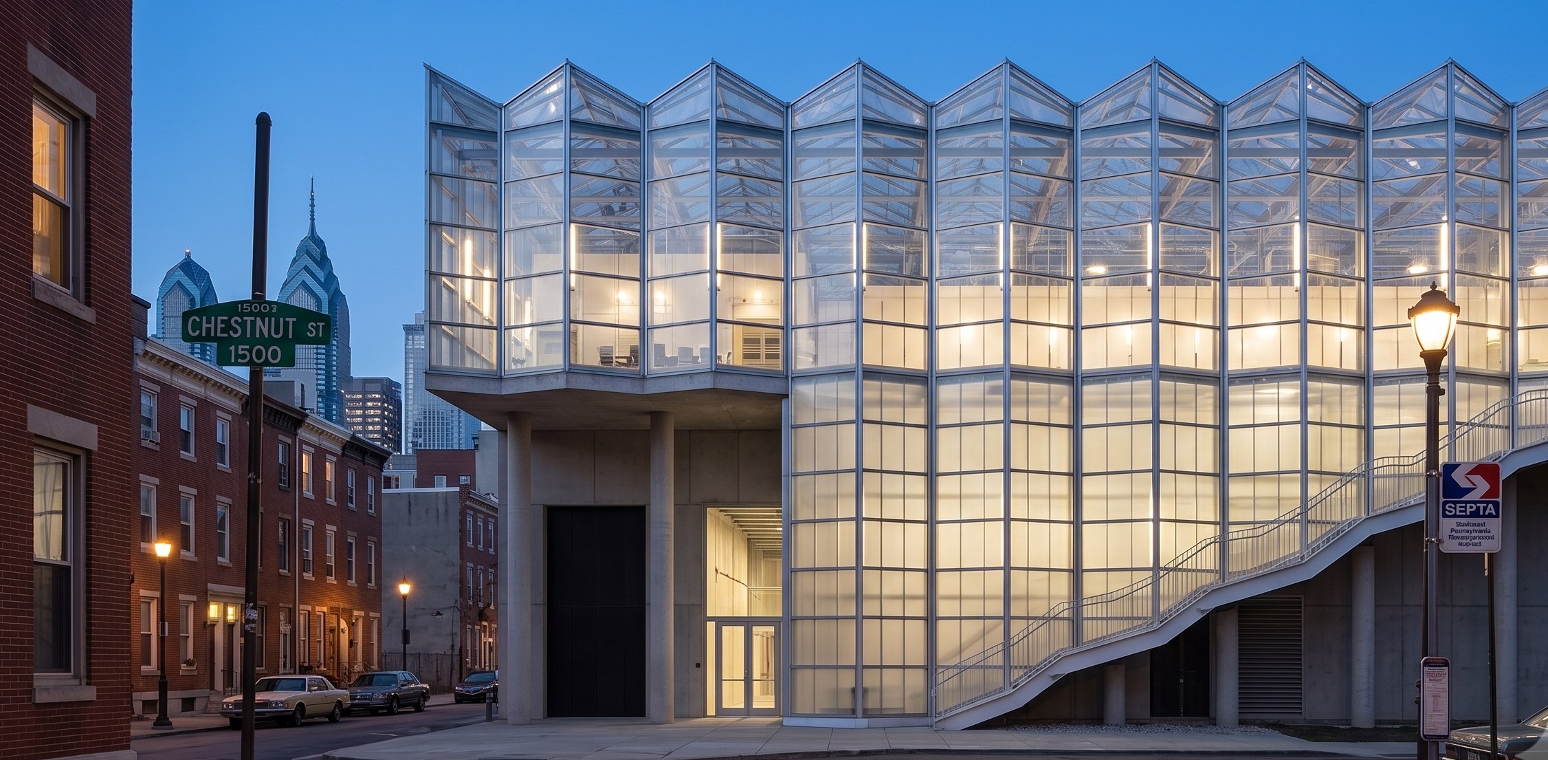 a glazed sawtooth roofed building lit from within at dusk, cantilevered over a city street between brick row houses.