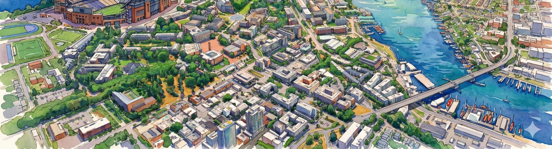 a watercolour aerial of a university district beside a waterway lined with boat docks.