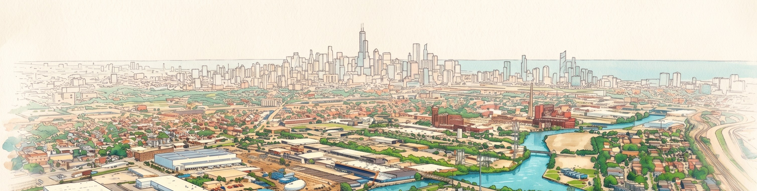 a wide watercolour panorama of a city skyline above a river running through an industrial district.