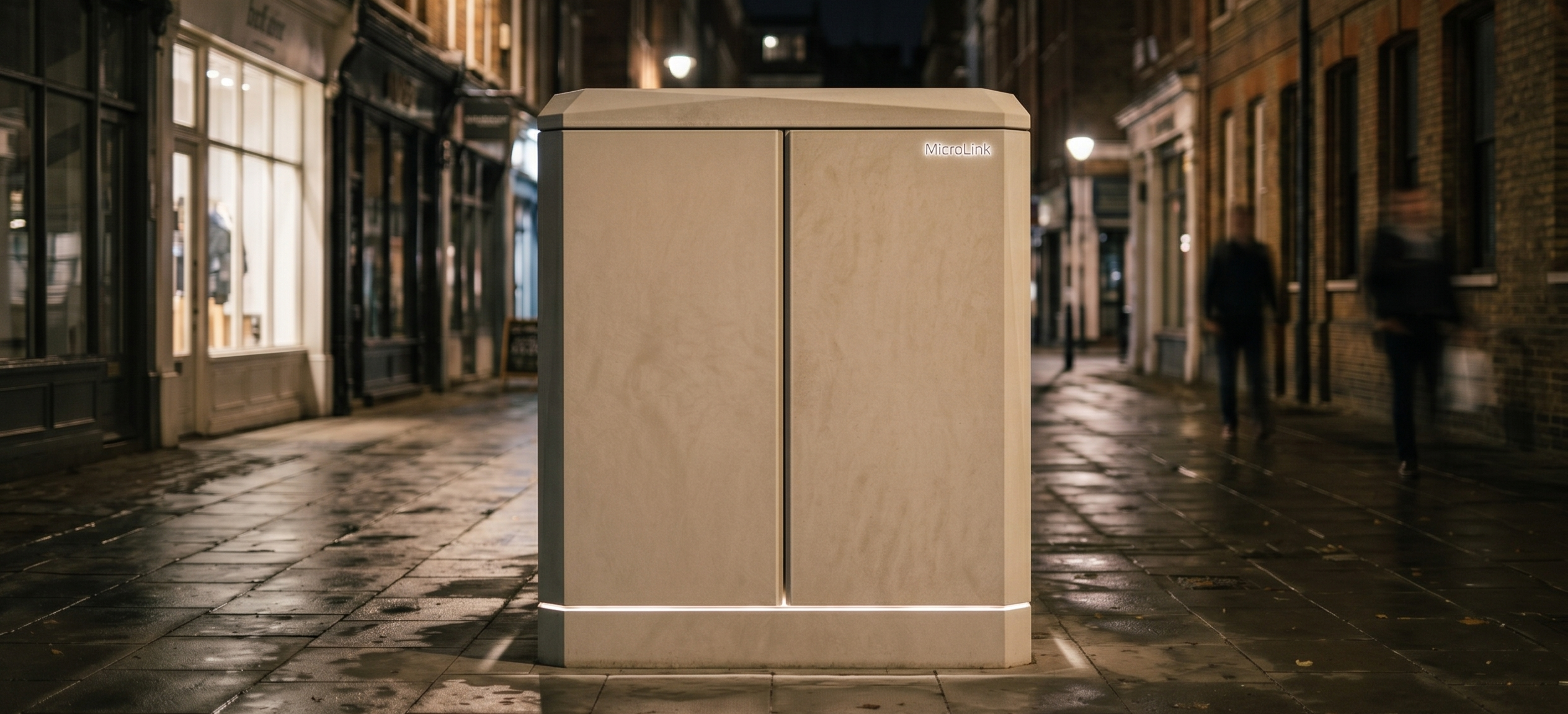 A MicroLink edge unit standing on a wet cobbled shopping street at night, with people walking past.