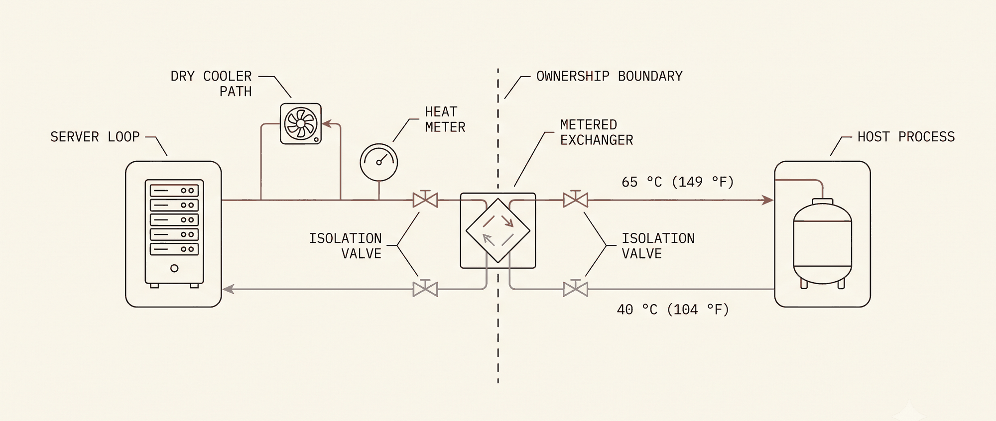 Digital twin overlay of a three loop liquid cooling plant room, showing PUE 1.05 and ERE 0.85, chip and facility loops in cyan and the dry cooler reject path in amber.
