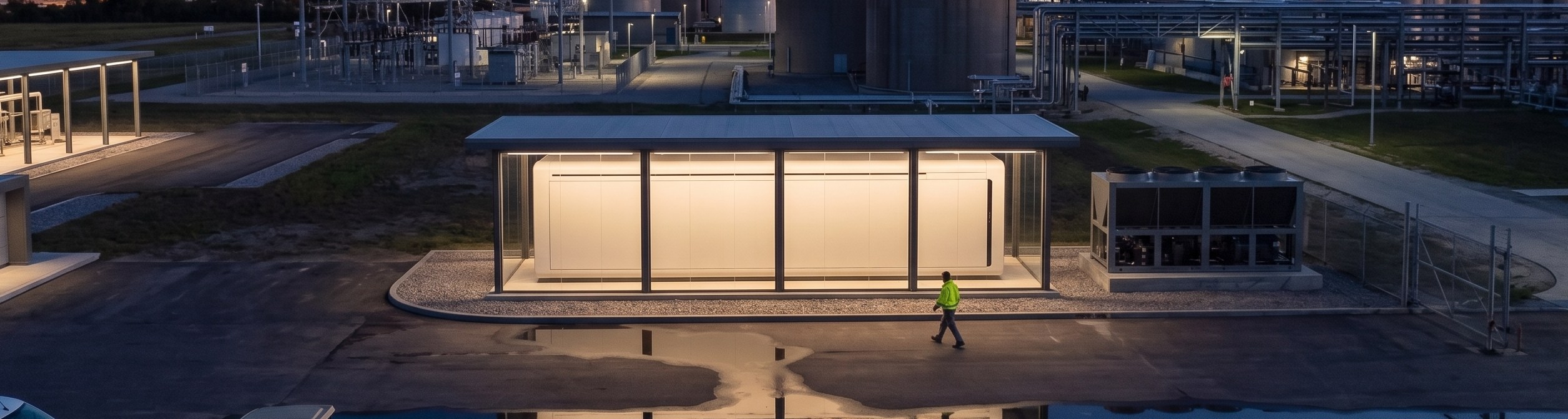 a MicroLink pod lit from within at dusk, standing beside a wastewater treatment plant with digester tanks and a substation behind it.