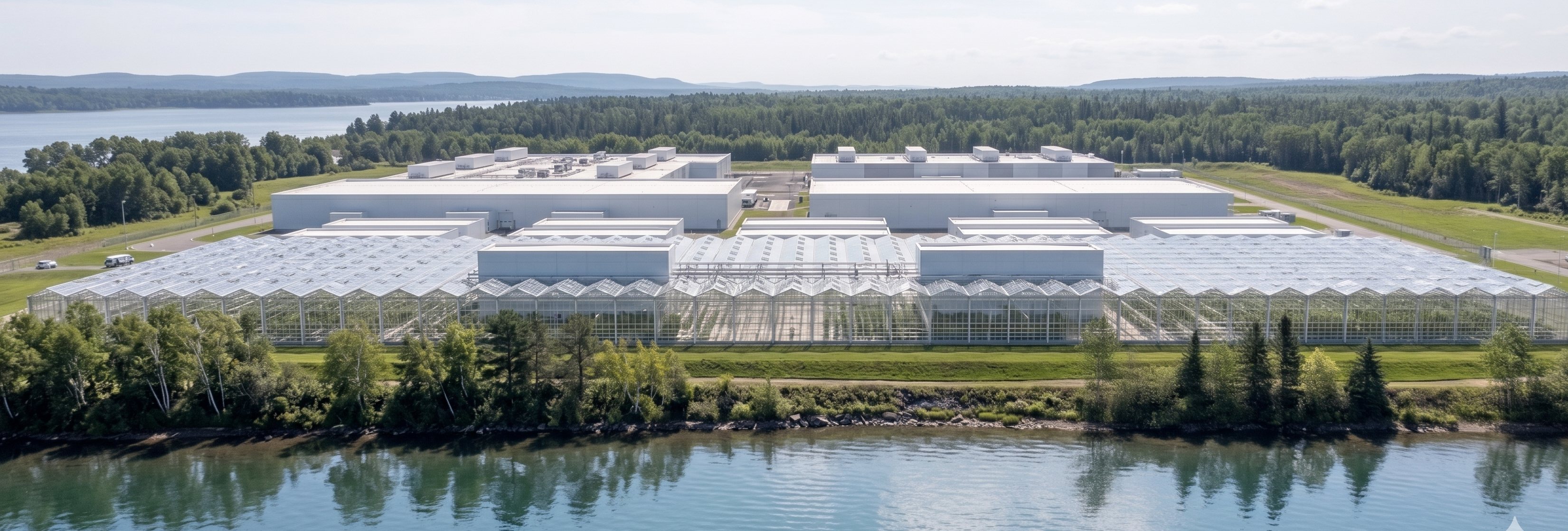 A MicroLink data center on a city corner, compute on the ground floor and a glowing greenhouse under glass above