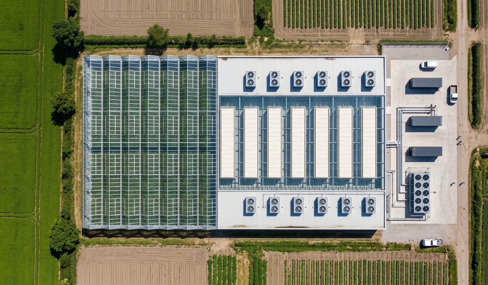 Aerial view of a MicroLink facility integrated with a host greenhouse