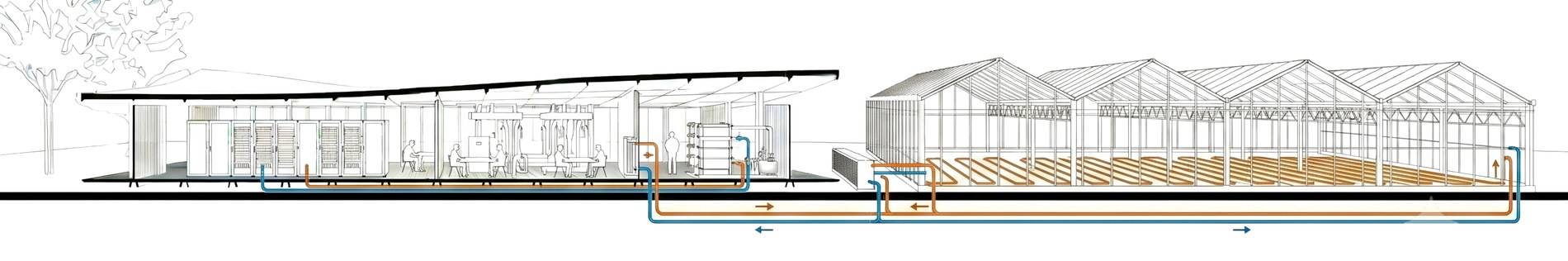 Section: compute hall and host greenhouse linked by heat loops