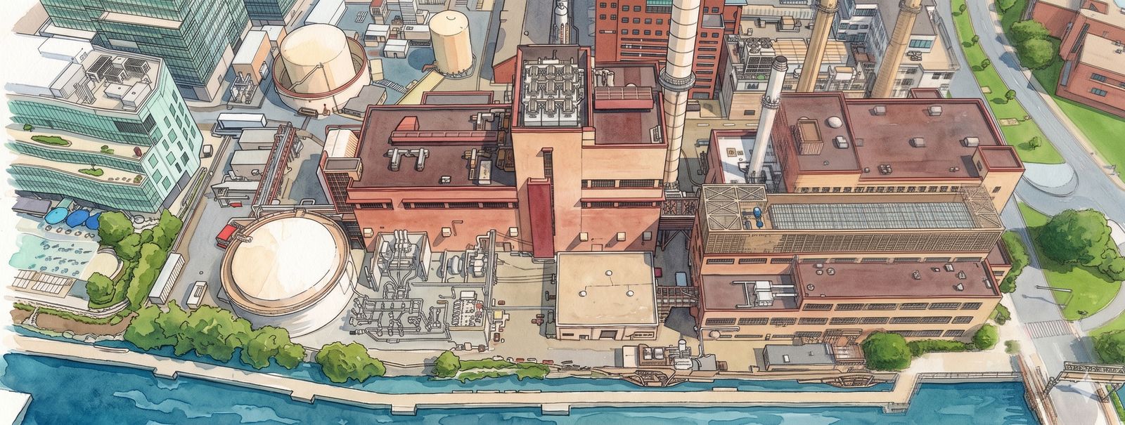 Illustrated panorama of an industrial host facility on the riverfront