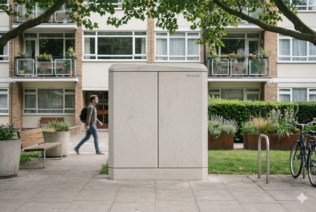 A neighborhood street with a quiet MicroLink unit serving everyday utility