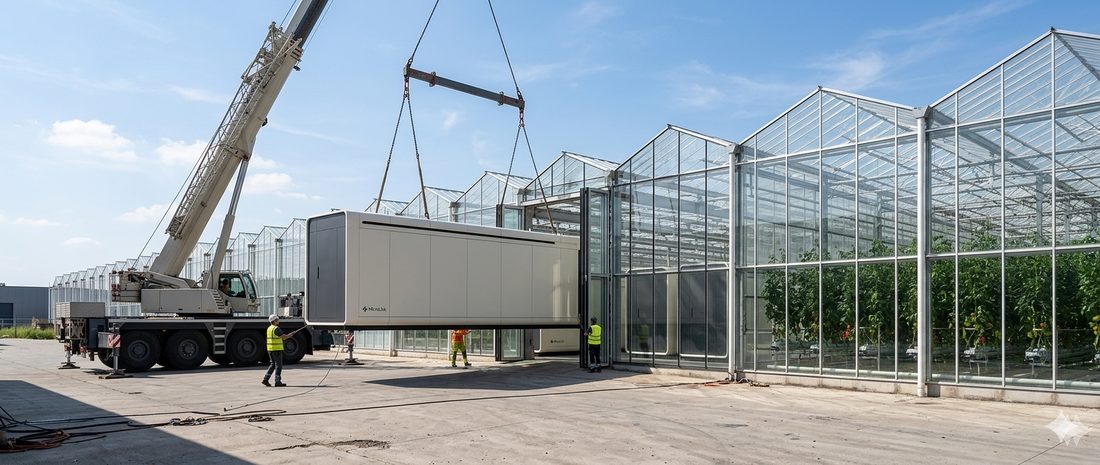 Pod lifted into place beside greenhouses
