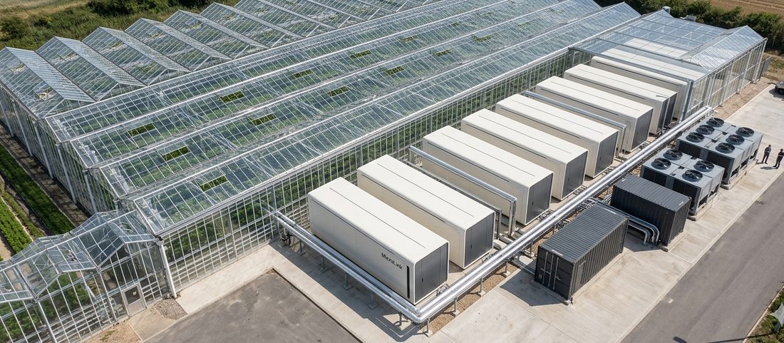 A controlled environment greenhouse complex heated by recovered warmth