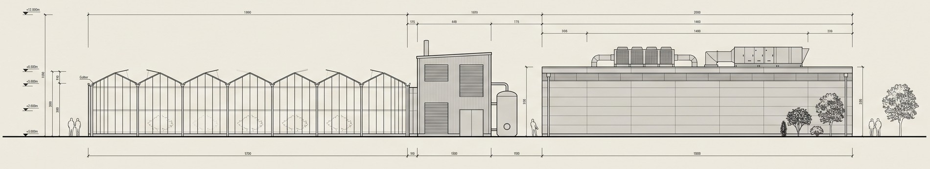 Section drawing of a MicroLink deployment beside a greenhouse, showing the cooling loops and dry cooler reject path