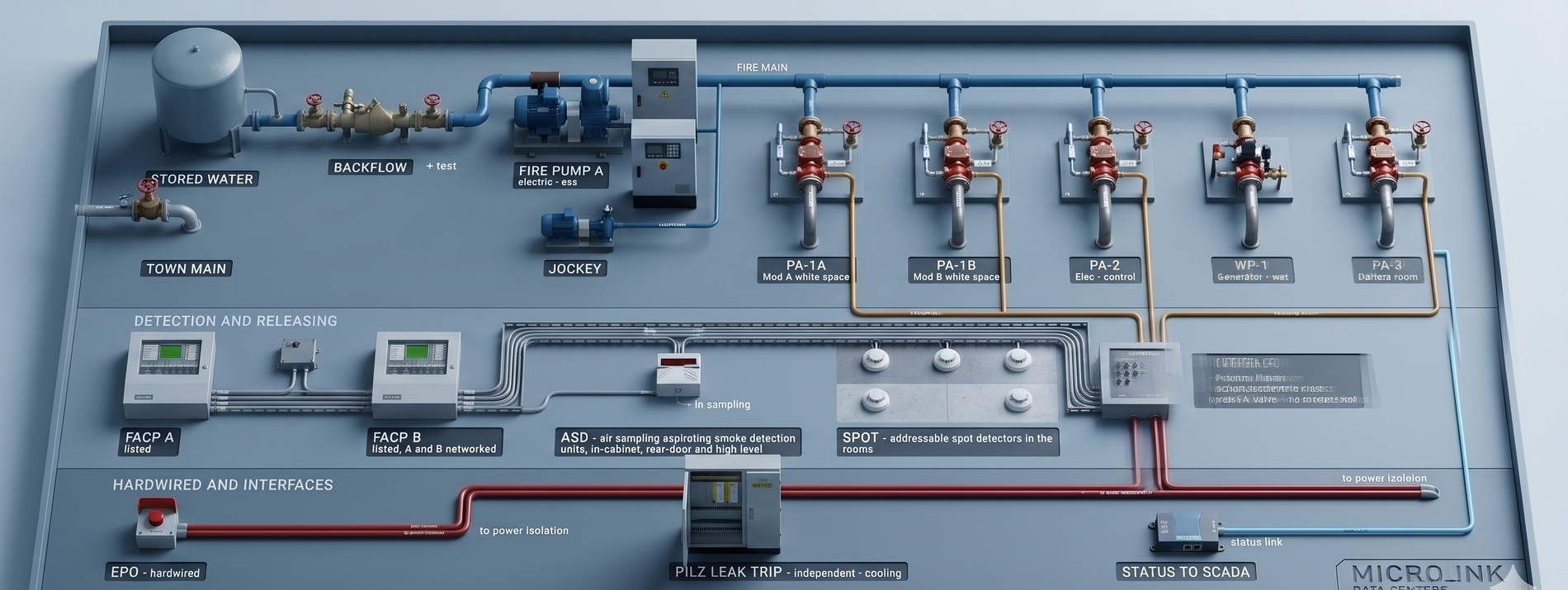 MicroLink fire and life safety schematic: stored water, fire pumps, detection and releasing, hardwired interfaces